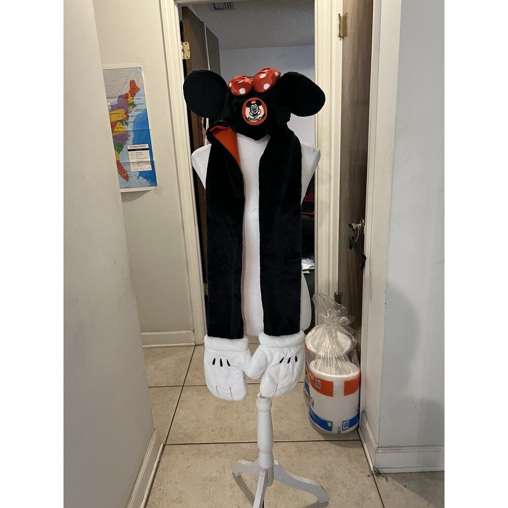 Disney Parks Minnie Mouse Polka dots Bow Plush Hat Ears w Scarf Mittens One Size - Picture 1 of 7